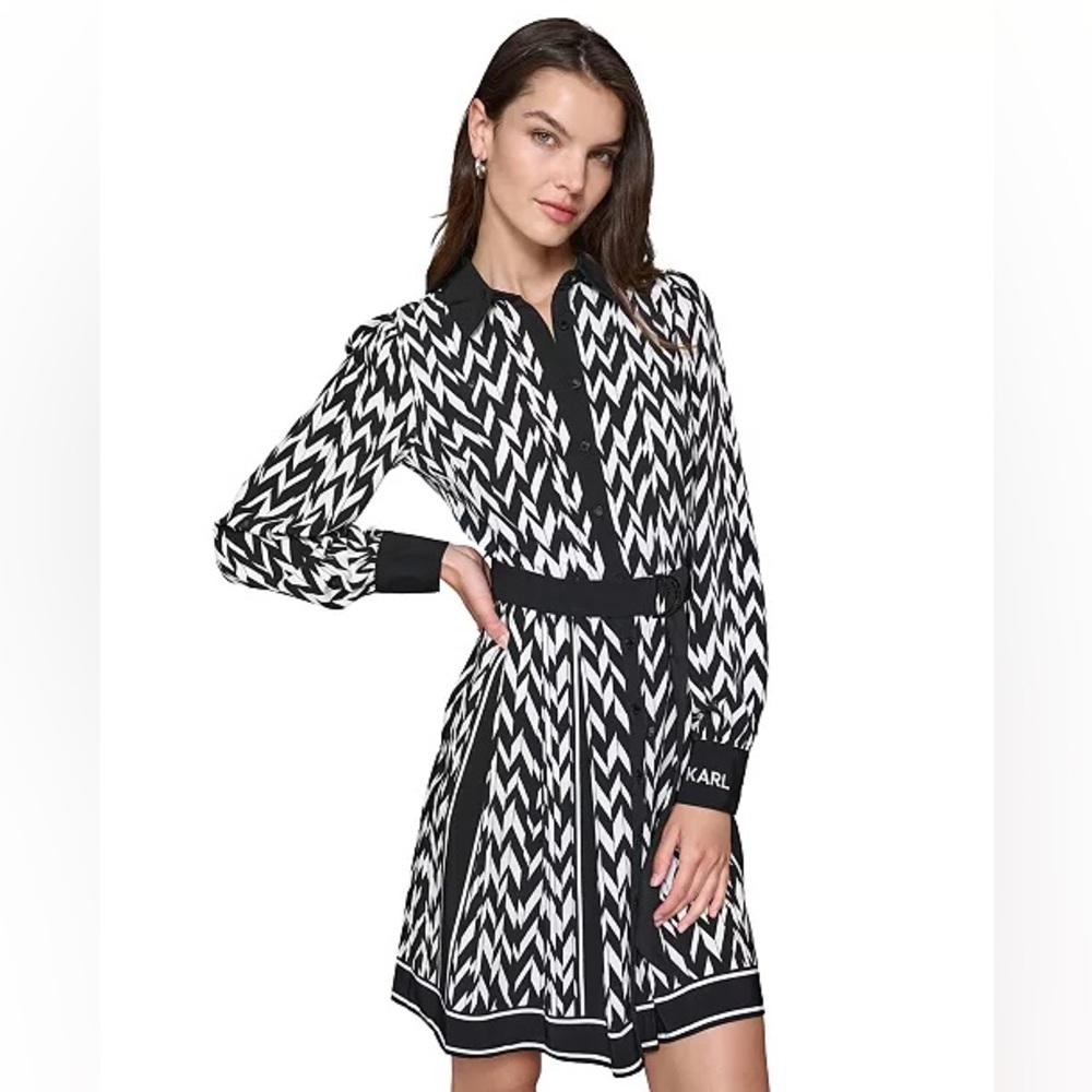 Karl Lagerfeld Monochrome Zigzag Long Sleeve Dress